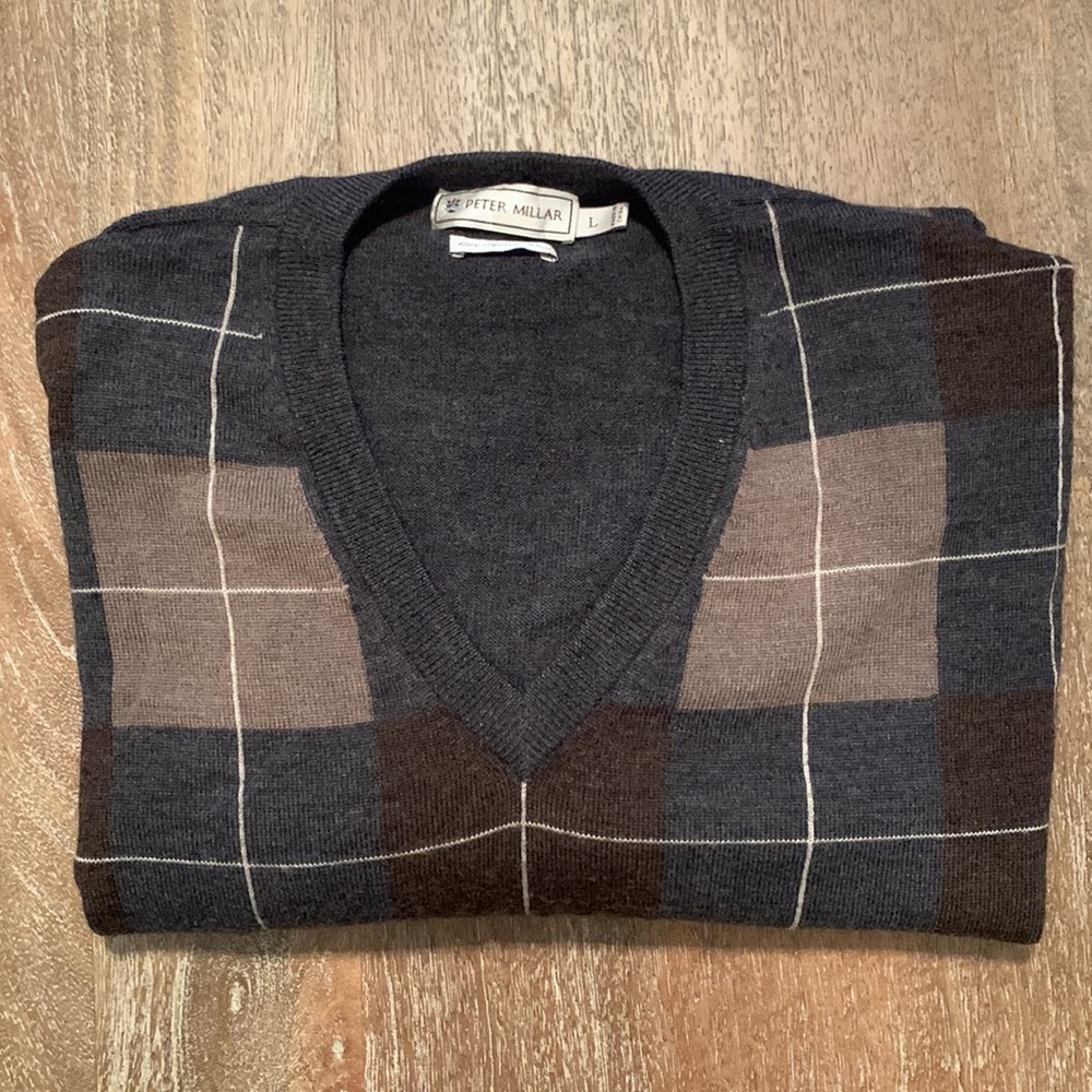 Peter Millar Large Merino Wool Gray/Brown/Tan Long Sleeve V-Neck Sweater